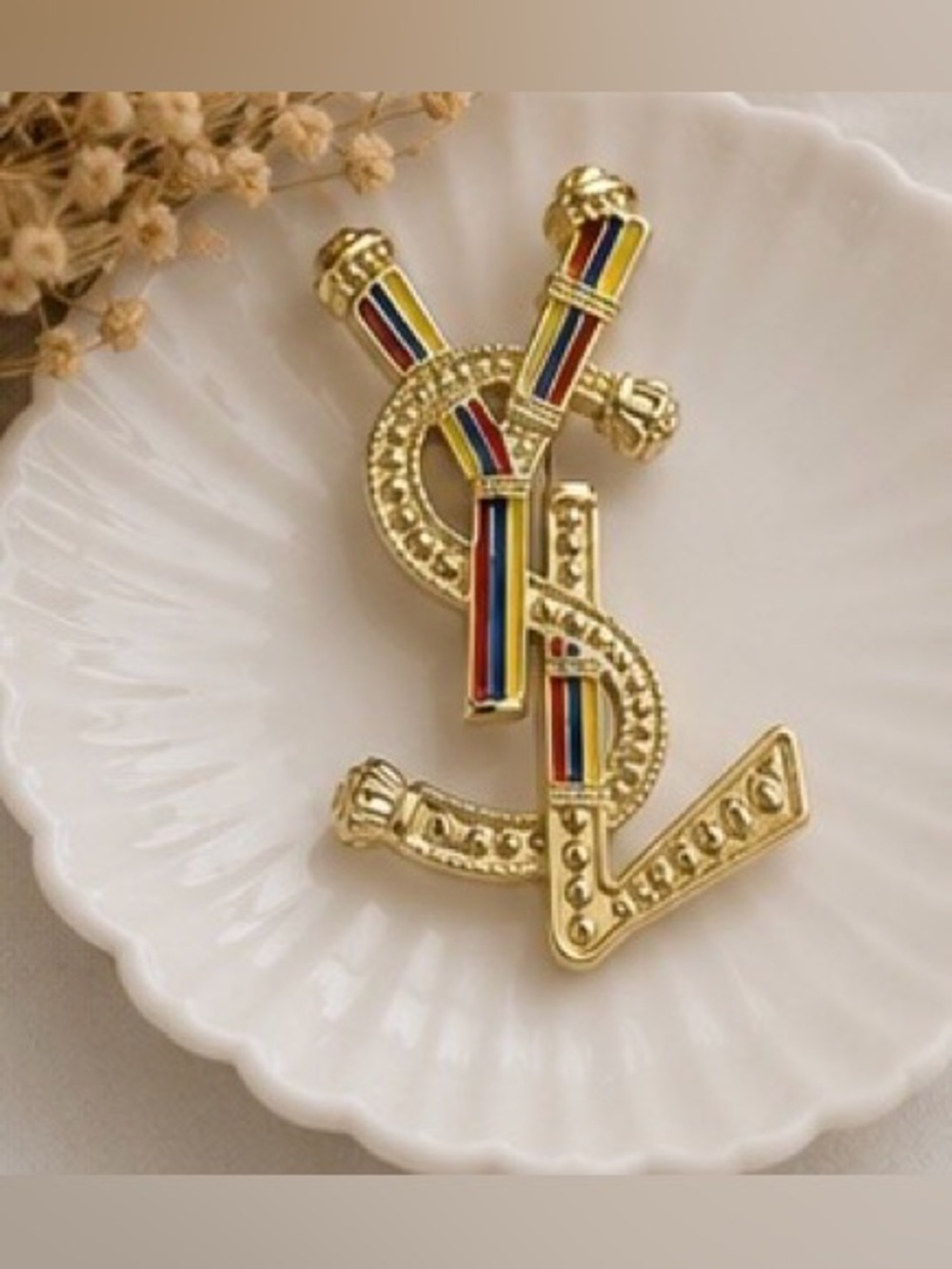 Gold Tone Multicolor Enamel Statement Brooch Luxury Inspired Lapel Pin - Picture 4 of 8
